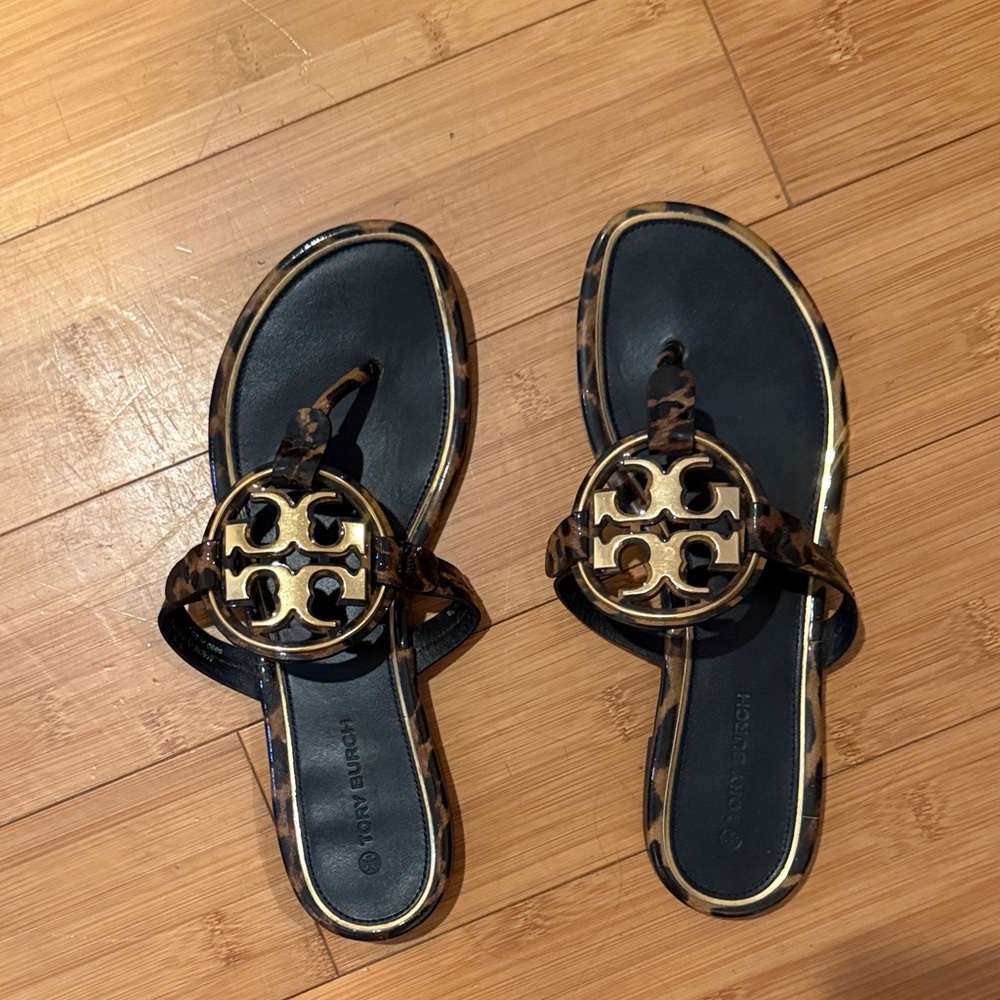 Tory Burch Leopard-Print Miller Logo Thong Sandals - Black/Brown/Gold